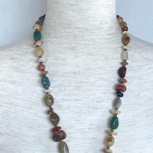 Artisan Natural Stone Beaded Boho 26" Boho Necklace Amber Colored Glass Pendant - Picture 7 of 16